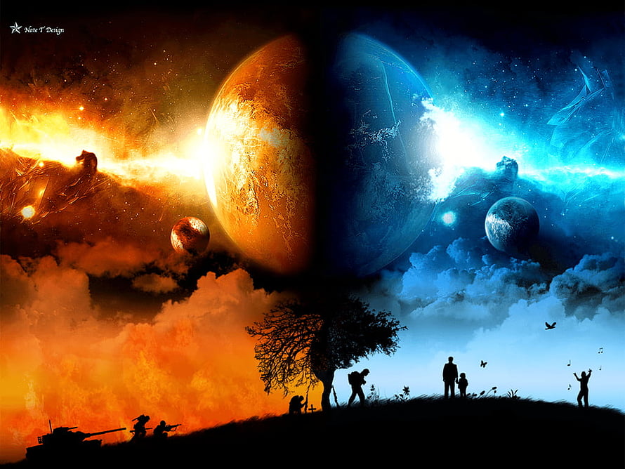 Duality of War and Peace: Split Sky with Planets and Silhouettes HD wallpaper