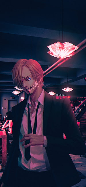 Sanji from One Piece in a dark neon-lit bar with a cigarette and glowing blue eye HD phone wallpaper