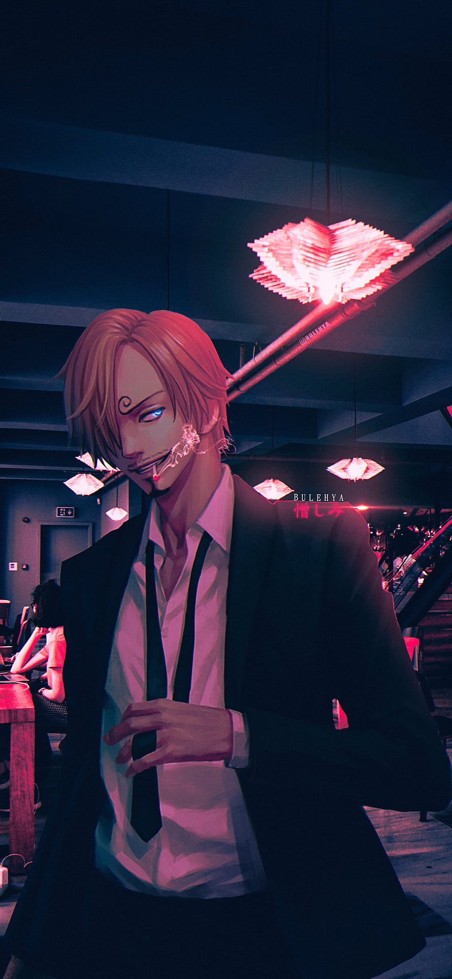Sanji from One Piece in a dark neon-lit bar with a cigarette and glowing blue eye HD phone wallpaper
