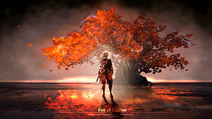 Kaedehara Kazuha from Genshin Impact Standing Before a Glowing Autumn Maple Tree HD wallpaper