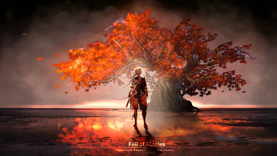 Kaedehara Kazuha from Genshin Impact Standing Before a Glowing Autumn Maple Tree HD wallpaper