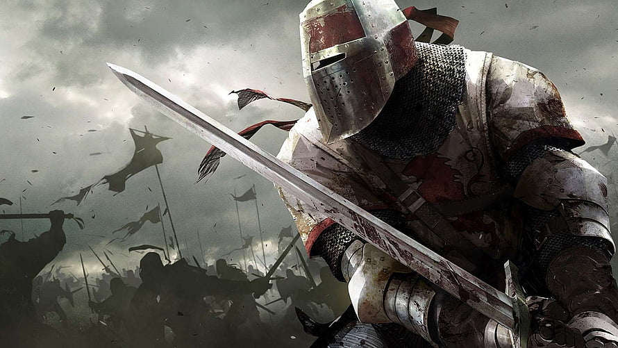 Medieval Knight in Full Plate Armor Holding a Longsword on a Dark Battlefield HD wallpaper