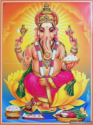 Ganesha Seated on Lotus with Mouse and Offerings in Traditional Indian Art HD phone wallpaper