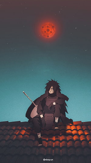 Itachi Uchiha Sitting on Roof Under Red Moon Naruto Anime Wallpaper HD phone wallpaper