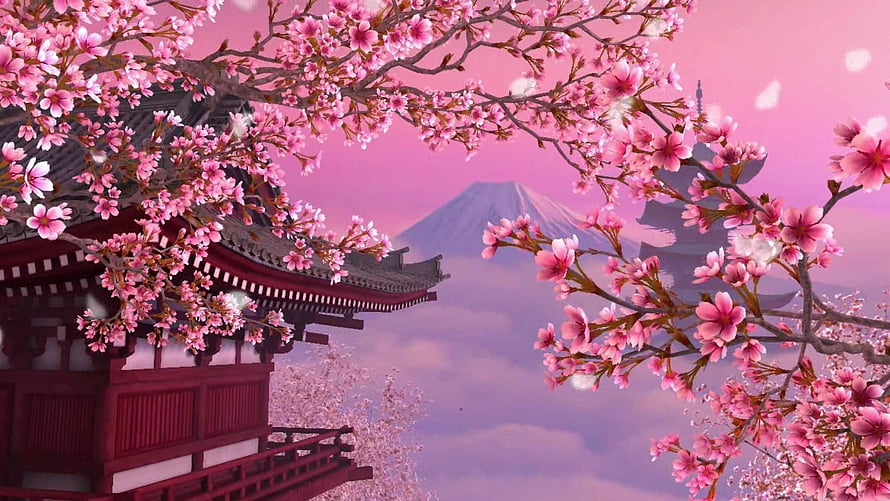 Cherry Blossoms Framing a Traditional Japanese Temple with Mount Fuji in the Distance HD wallpaper