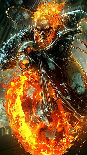 Ghost Rider Spirit of Vengeance Riding a Flaming Motorcycle in a Dark City HD phone wallpaper