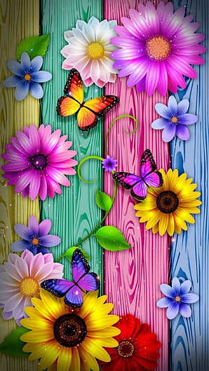 Colorful Butterflies and Vibrant Flowers on a Multi-Colored Wooden Background HD phone wallpaper