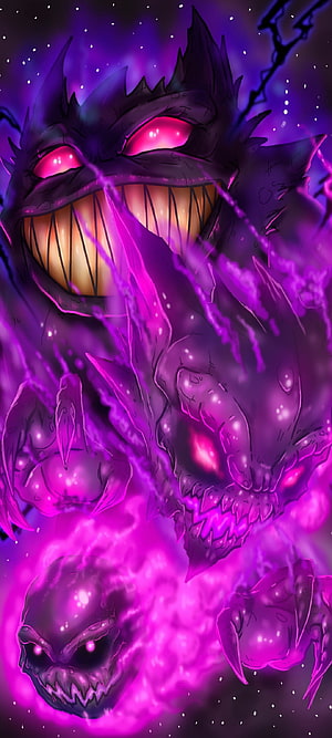 Dark Purple Demon Monster With Glowing Red Eyes And Sharp Teeth HD phone wallpaper