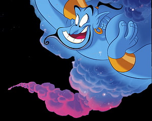 Genie from Aladdin Smiling with Purple Smoke Trail on Black Background HD wallpaper