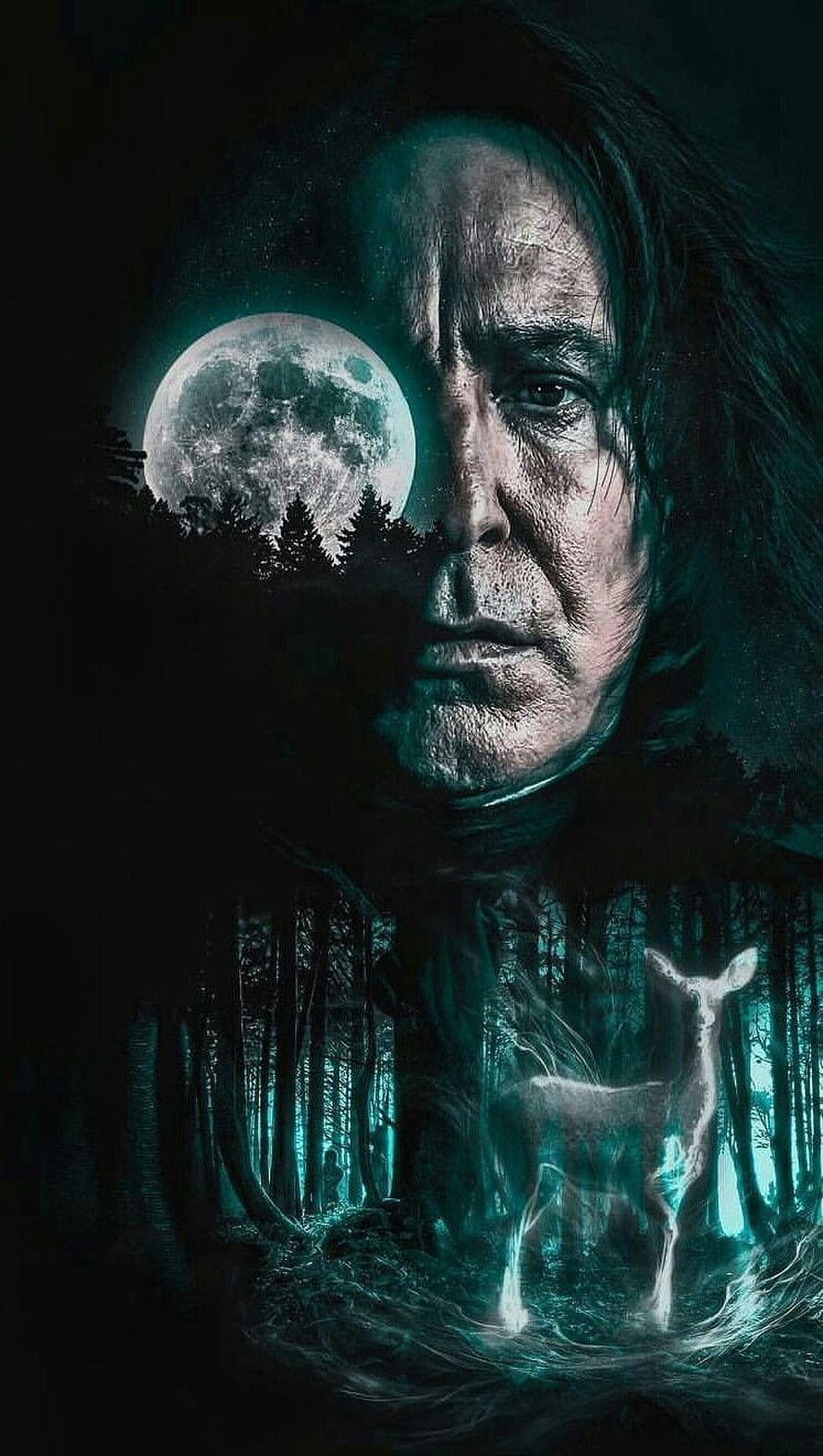 Severus Snape Portrait with Moonlit Forest and Deer from Harry Potter HD phone wallpaper