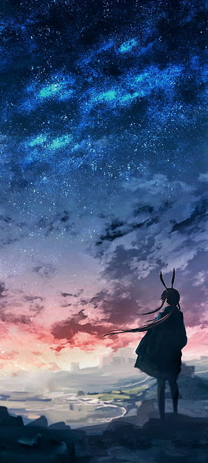 Anime Girl With Rabbit Ears Gazing At Starry Night Sky And Sunset Horizon HD phone wallpaper