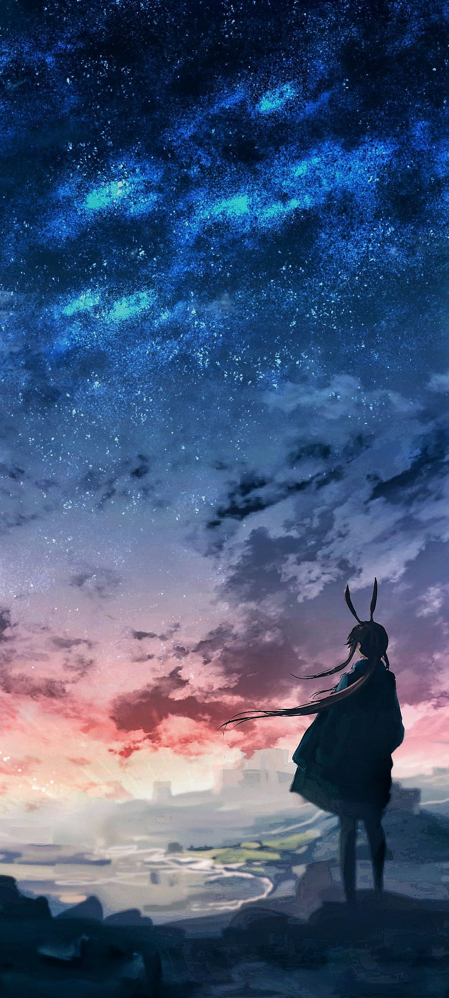 Anime Girl With Rabbit Ears Gazing At Starry Night Sky And Sunset Horizon HD phone wallpaper