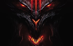 Diablo III El Diablo Dark Demon Face with Glowing Red Eyes and Fiery Maw HD wallpaper