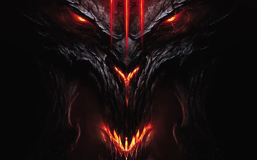 Diablo III El Diablo Dark Demon Face with Glowing Red Eyes and Fiery Maw HD wallpaper