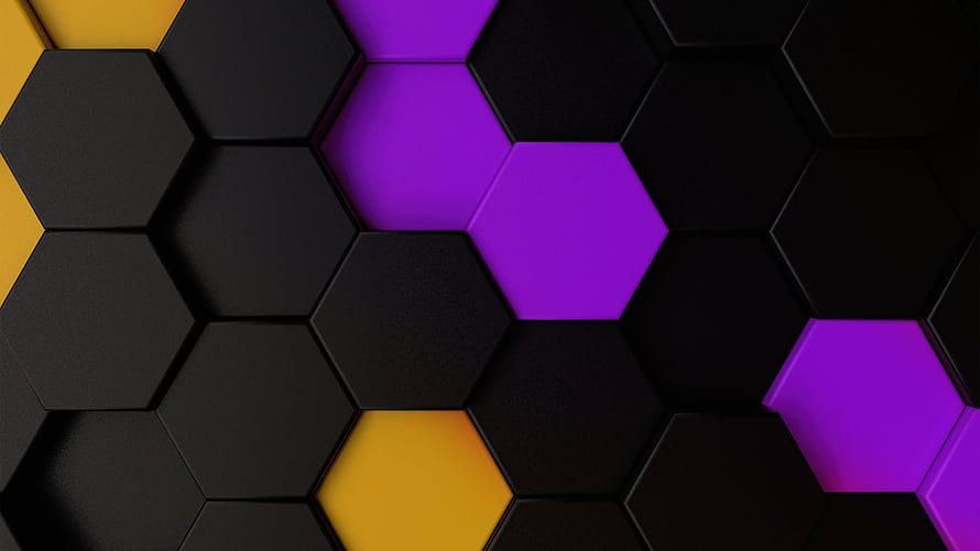 Abstract 3D Hexagon Pattern With Purple And Yellow Accents On Black Background HD wallpaper