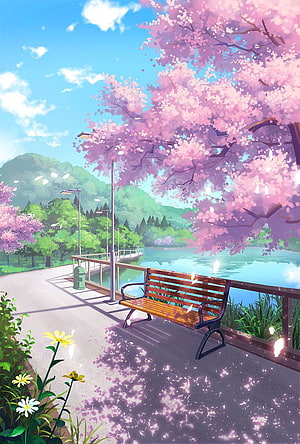 Serene Anime Park Scene With Pink Cherry Blossoms And Wooden Bench By The Lake HD phone wallpaper