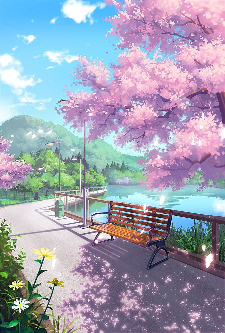 Serene Anime Park Scene With Pink Cherry Blossoms And Wooden Bench By The Lake HD phone wallpaper