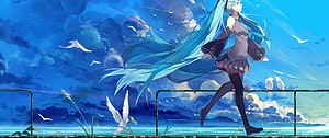 Hatsune Miku Running Along a Coastal Rail with White Birds in a Vibrant Blue Sky HD wallpaper