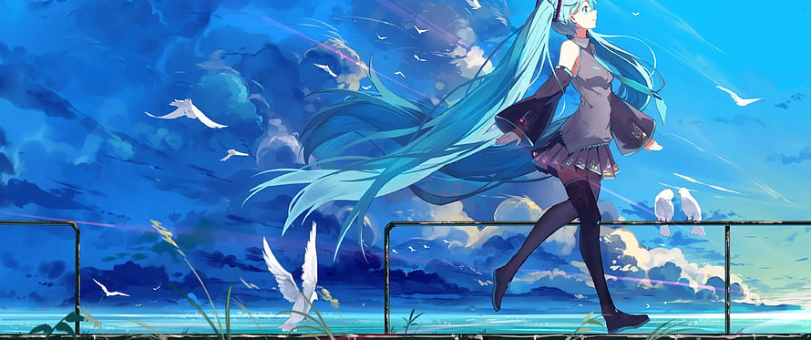 Hatsune Miku Running Along a Coastal Rail with White Birds in a Vibrant Blue Sky HD wallpaper