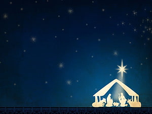 Silhouette Nativity Scene with Star of Bethlehem Against Deep Blue Night Sky HD wallpaper