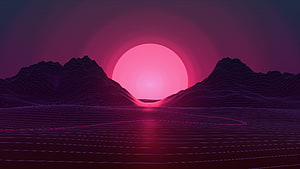 Synthwave Landscape with Neon Grid and Giant Pink Sun Over Dark Mountains HD wallpaper