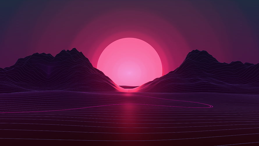 Synthwave Landscape with Neon Grid and Giant Pink Sun Over Dark Mountains HD wallpaper