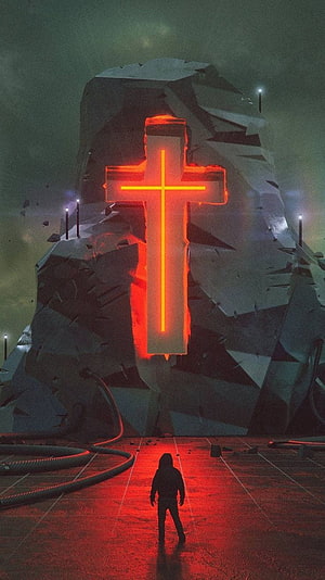 Glowing Neon Cross Embedded in Rock Face with Silhouette Standing in Red Light HD phone wallpaper