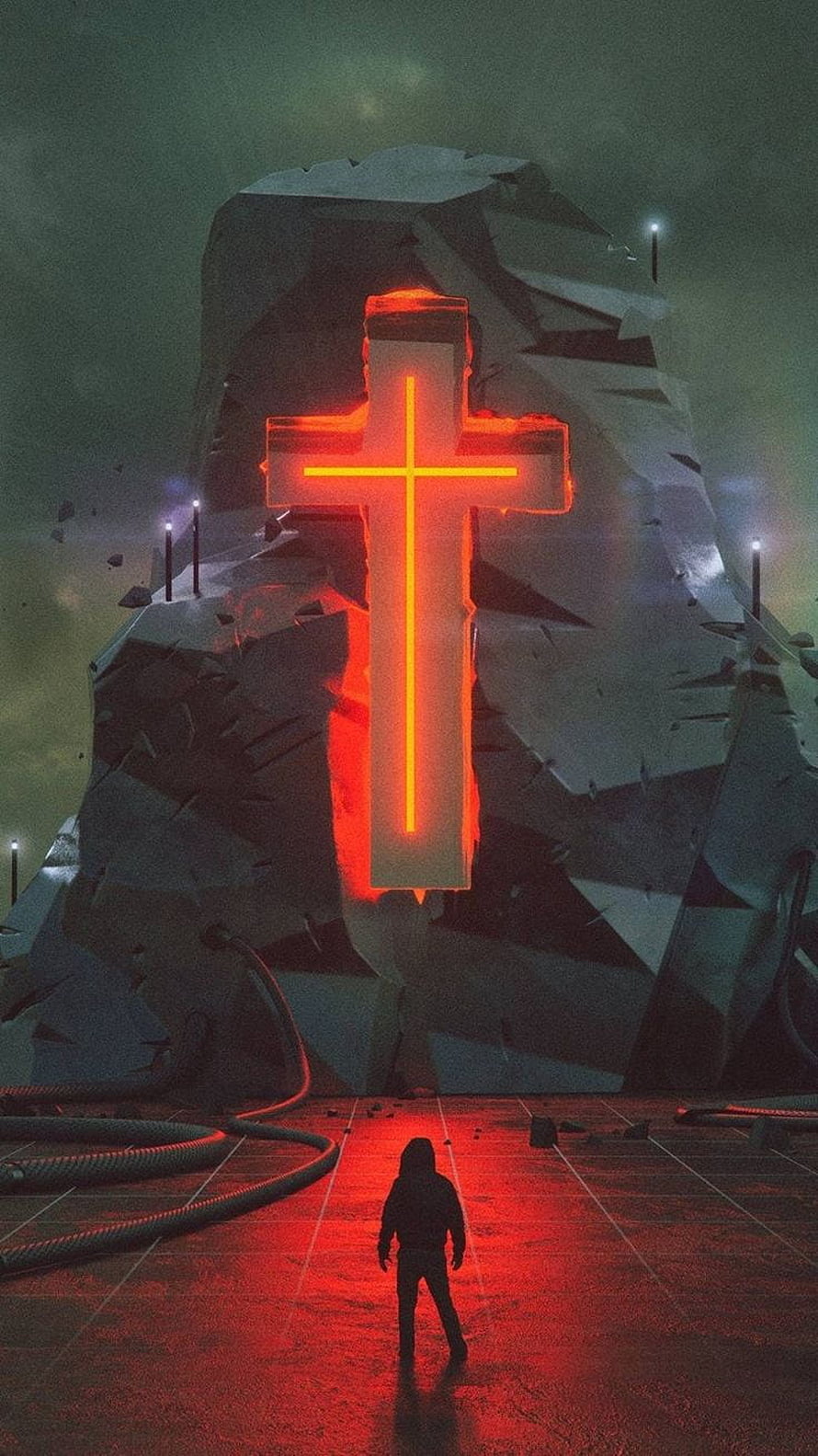 Glowing Neon Cross Embedded in Rock Face with Silhouette Standing in Red Light HD phone wallpaper