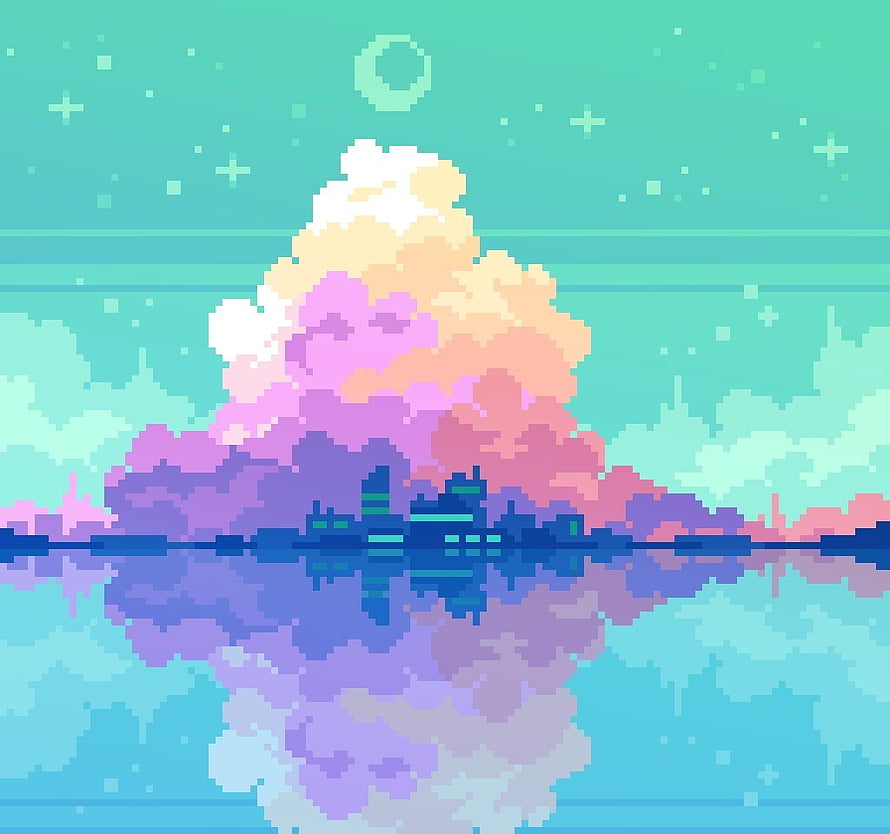 Pastel Pixel Art Landscape with Clouds and Water Reflection HD wallpaper