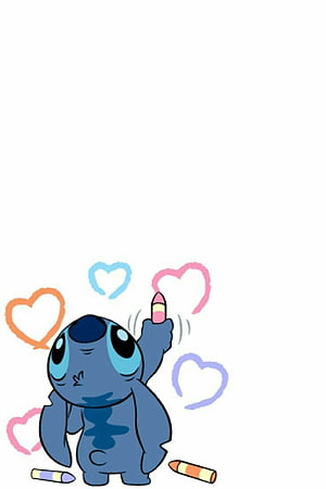 Cute Stitch Drawing Colorful Hearts With Crayons On White Background HD phone wallpaper