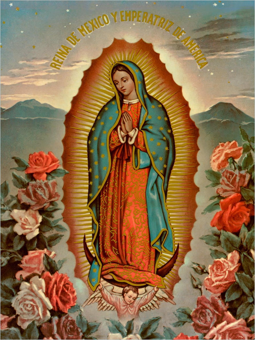 Virgin of Guadalupe Religious Art with Roses and Angel HD phone wallpaper