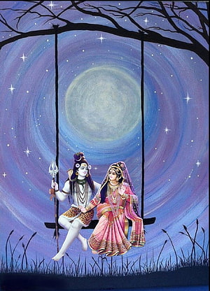 Lord Shiva and Goddess Parvati Sitting on a Swing Under a Starry Night Sky HD phone wallpaper