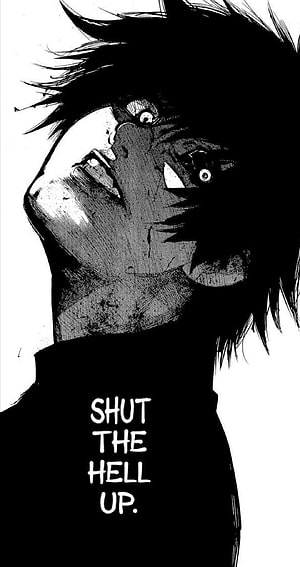 Black and White Manga Character Portrait with Intense Expression and Dialogue Text, Tokyo Ghoul, manga, anime HD phone wallpaper