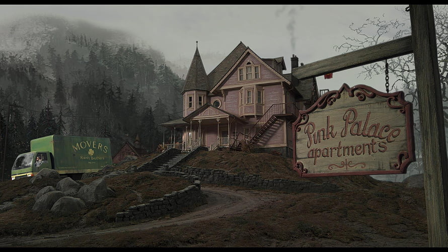 Coraline Pink Palace Apartments Scene with Movers Truck and Misty Forest Background HD wallpaper