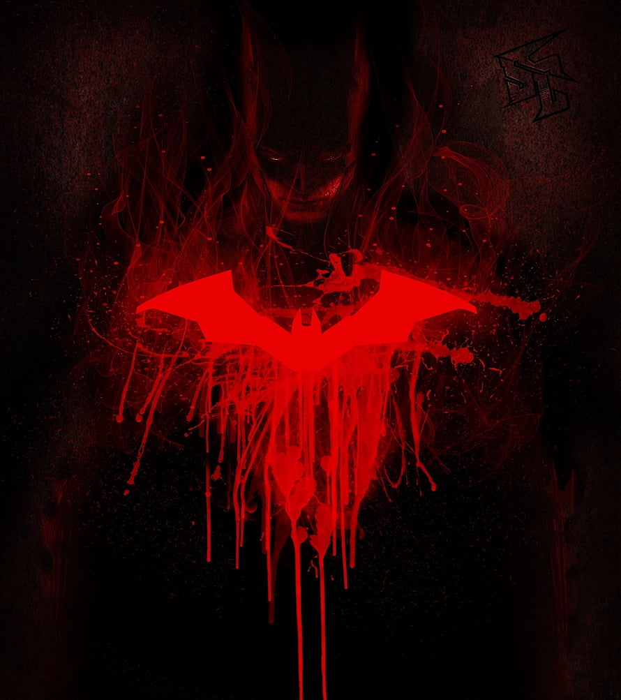 Gritty Red Batman Symbol with Dripping Paint and Smoky Figure in Dark Art Style, Batman, dark, Robert Pattinson, 2020, art HD phone wallpaper