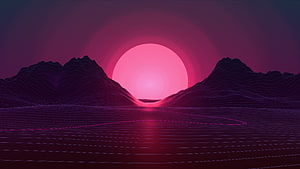 Neon Pink Synthwave Sunset Over Wireframe Mountains and Grid Horizon HD wallpaper