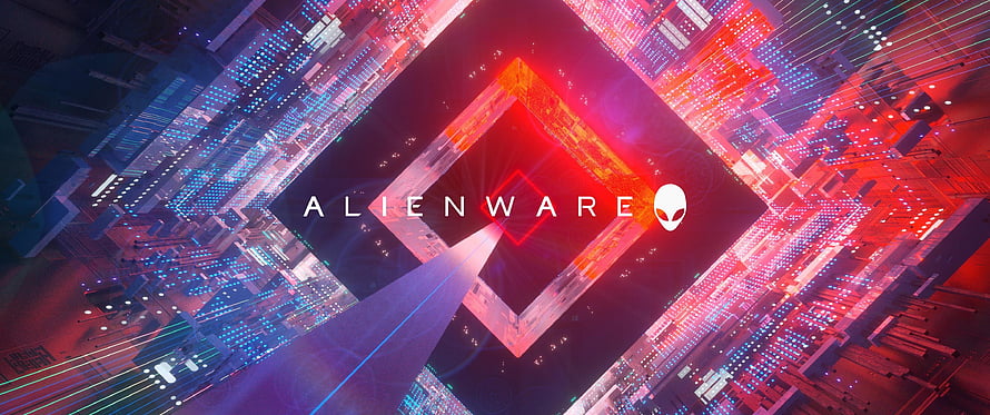Alienware Neon Cyberpunk Cityscape with Glowing Geometric Portal and Futuristic Architecture HD wallpaper