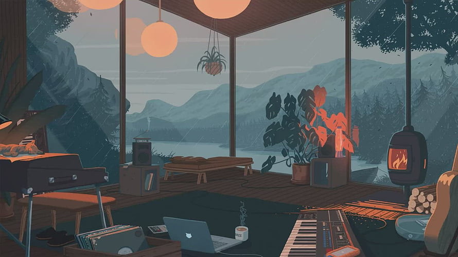 Cozy Modern Cabin Interior With Piano, Keyboard, and Rainy Mountain Lake View HD wallpaper