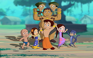 Chhota Bheem and Friends Dancing in a Village with a Monkey HD wallpaper