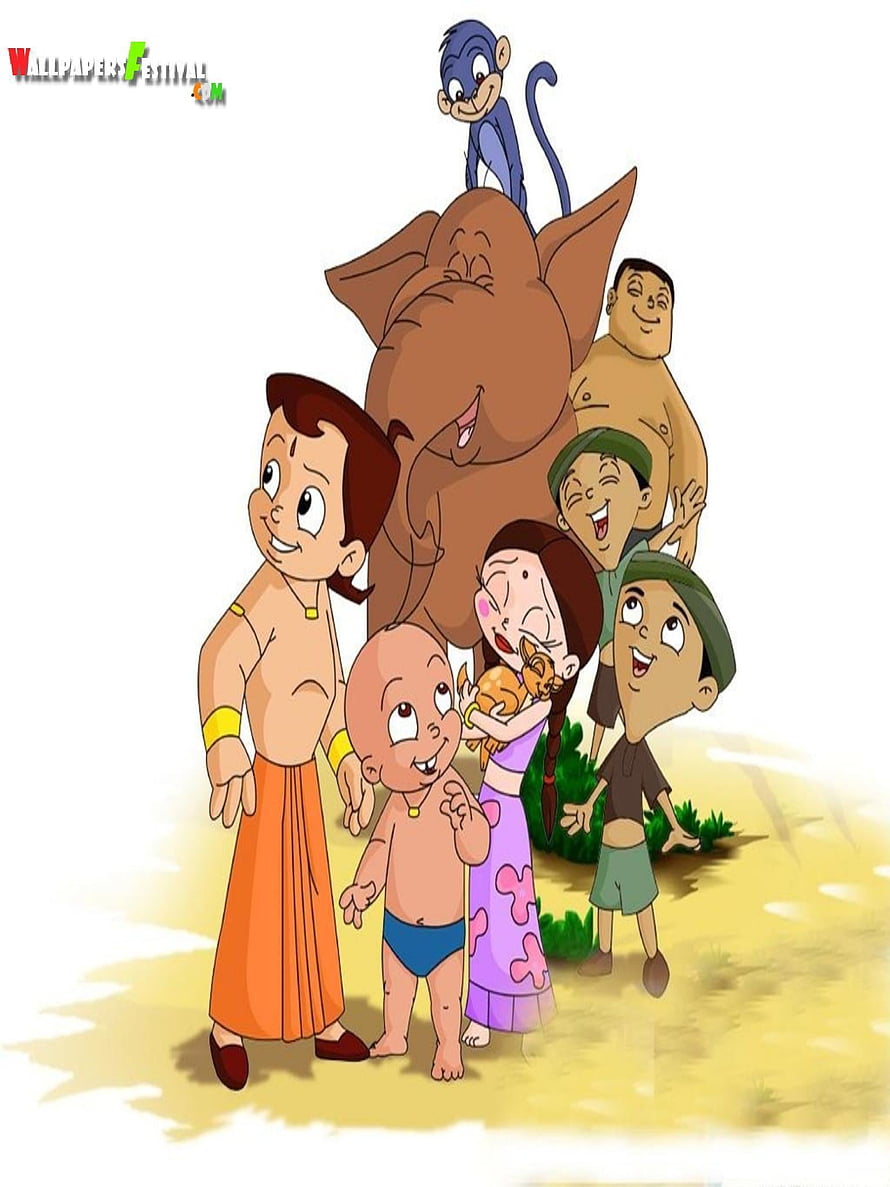 Chhota Bheem Animated Group Portrait with Elephant and Monkey HD phone wallpaper