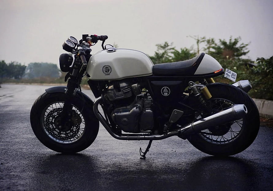 Custom Royal Enfield Cafe Racer Motorcycle with White Tank and Chrome Exhaust HD wallpaper