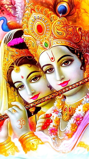 Radha Krishna Divine Portrait With Flute And Peacock Feather Crown HD phone wallpaper