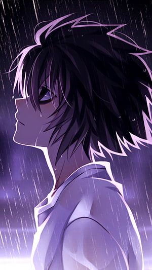 L from Death Note Anime Character Profile in Rainy Purple Atmosphere HD phone wallpaper