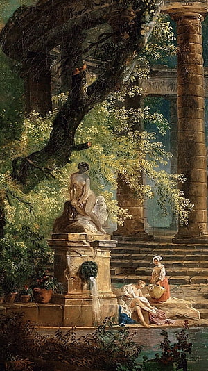 Classical Garden Scene with Marble Statue and Women by a Fountain HD phone wallpaper