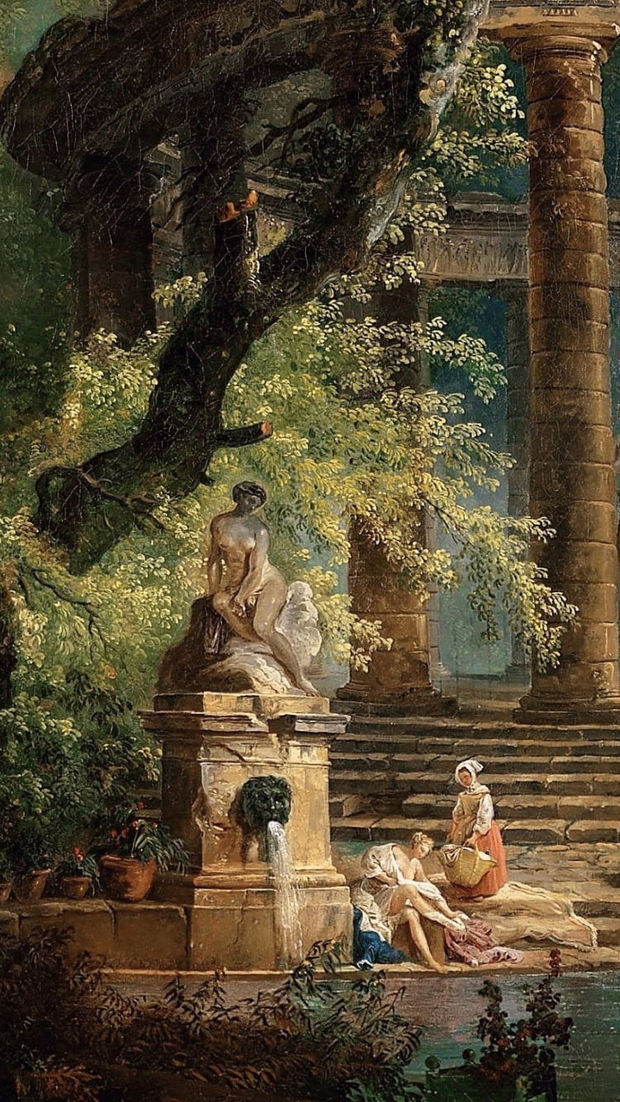 Classical Garden Scene with Marble Statue and Women by a Fountain HD phone wallpaper