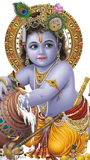 Baby Krishna Stealing Butter with Peacock Feather Crown and Flute HD phone wallpaper