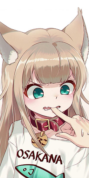 Anime Girl With Cat Ears And Collar Pointing At Fangs HD phone wallpaper