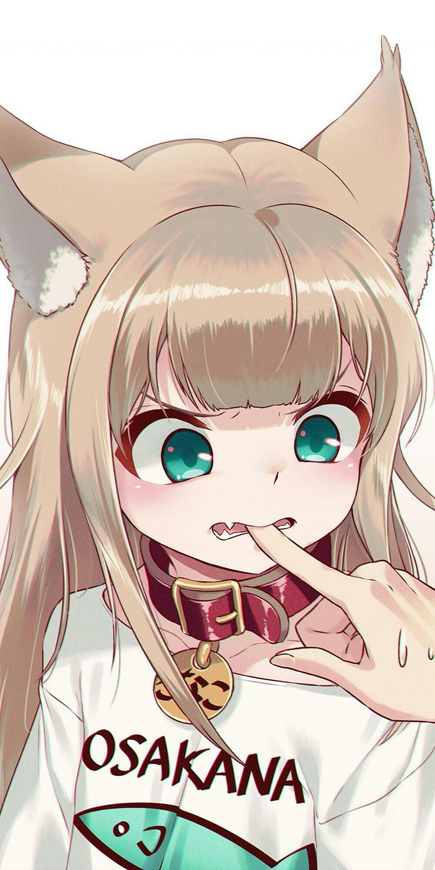 Anime Girl With Cat Ears And Collar Pointing At Fangs HD phone wallpaper