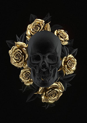 Gothic Black Skull Surrounded by Golden Roses on Dark Background HD phone wallpaper
