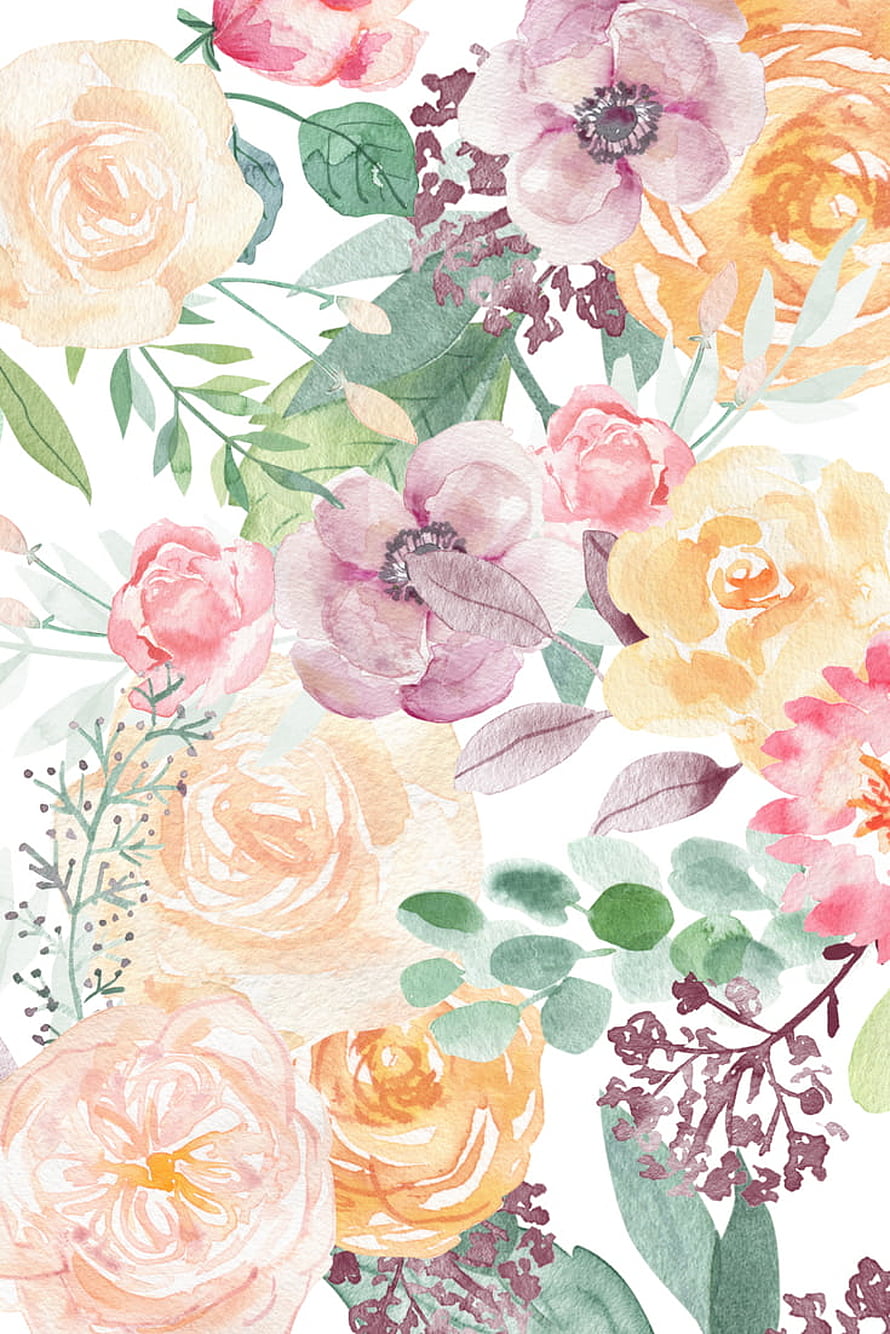 Delicate Watercolor Floral Arrangement with Soft Pastel Roses and Greenery HD phone wallpaper